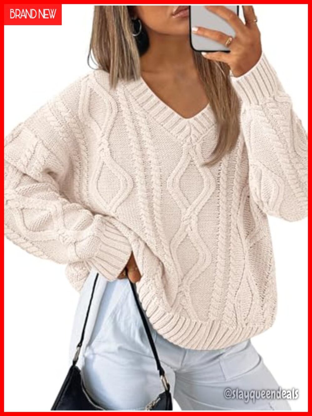 Cable Knit V Neck Oversized Pullover Sweater Cotton Acrylic